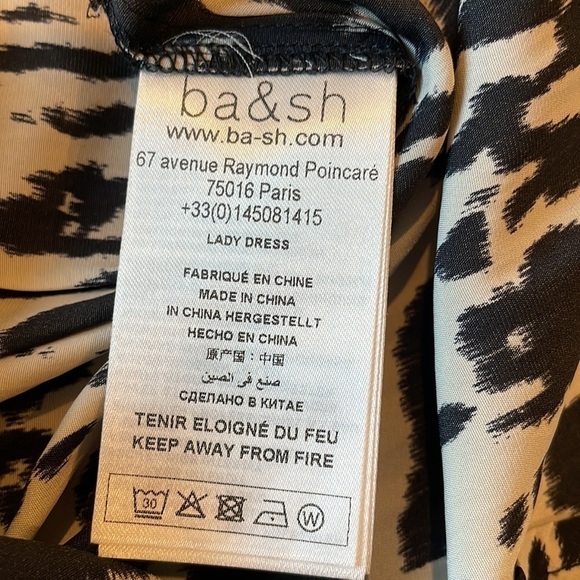 BA&SH Olga Gathered Printed Crepe de Chine Midi Dress Black White Splotchy 0 XS - Picture 12 of 13